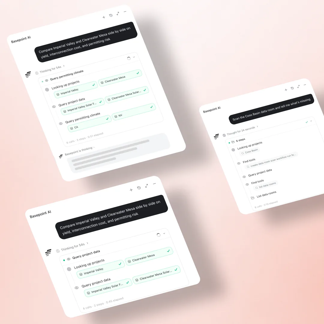 Basepoint AI agent runs: a side-by-side project comparison and a data room scan, with tool calls and steps visible