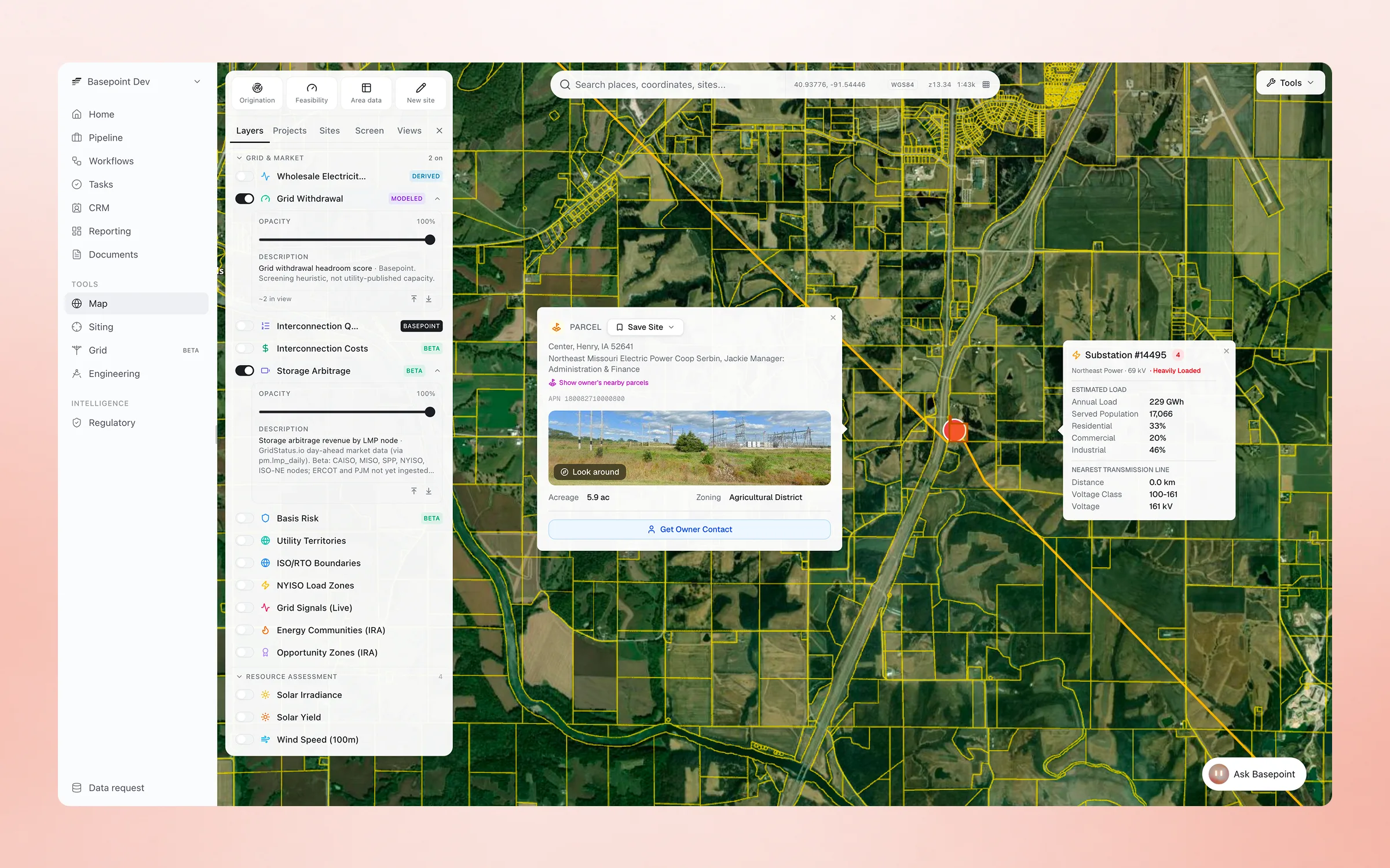 Basepoint map with the Storage Arbitrage and Grid Withdrawal layers on, a parcel card, and a substation popup showing a heavily loaded 161 kV substation with estimated load and nearest transmission line