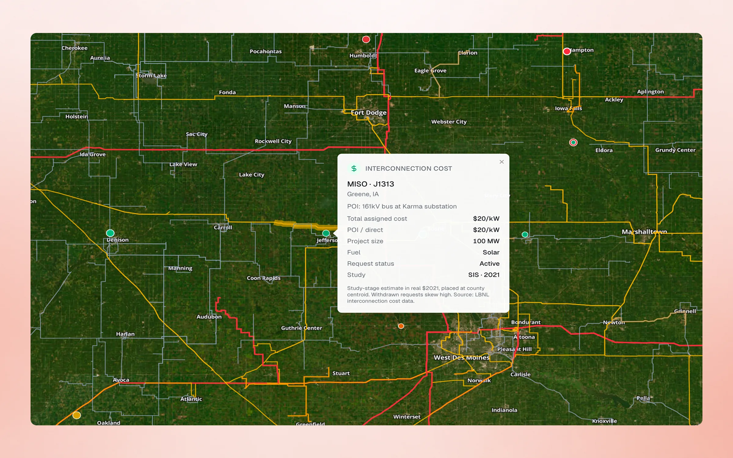 Basepoint interconnection cost layer over Iowa transmission lines, with a popup for a MISO queue request showing point of interconnection, assigned cost per kW, project size, status, and study year