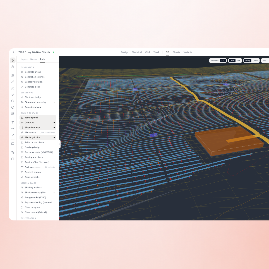 A utility-scale solar layout open in the Basepoint CAD studio, with the layer list, live design KPIs, and terrain