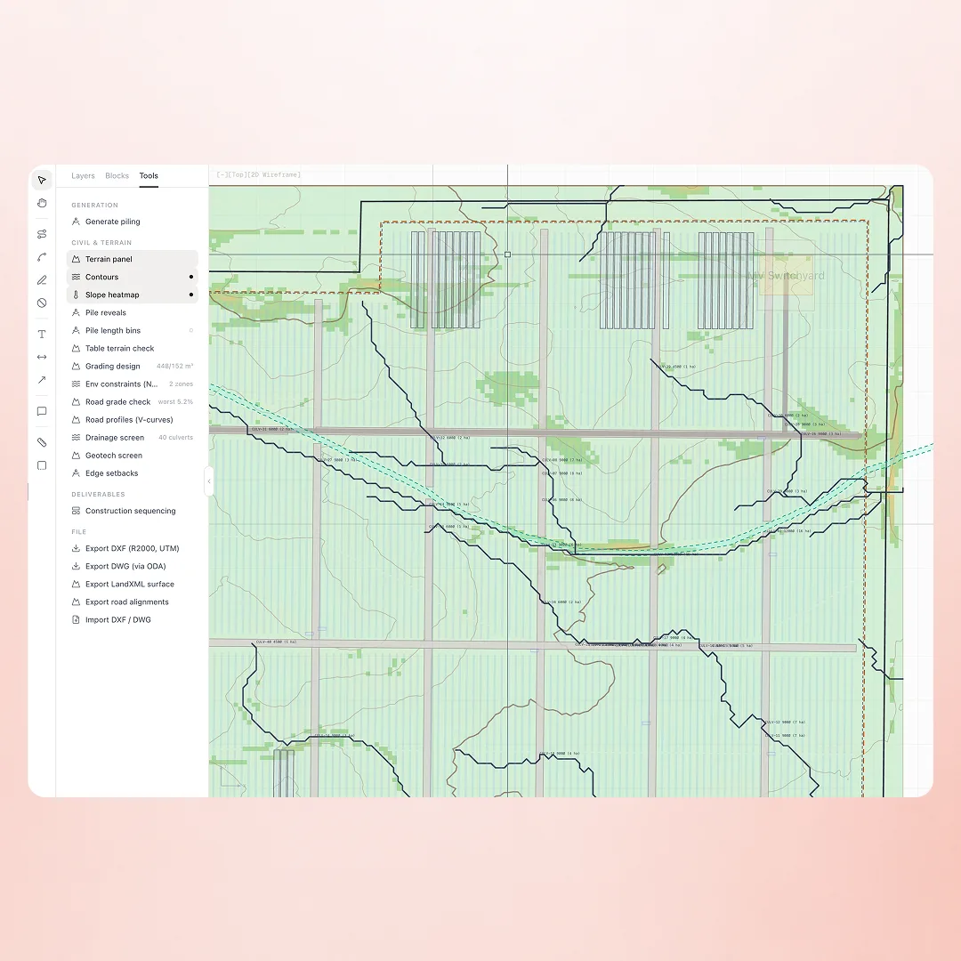 Contours and a slope heatmap over a solar layout, with civil and terrain tools for grading, road grades, drainage, and piling