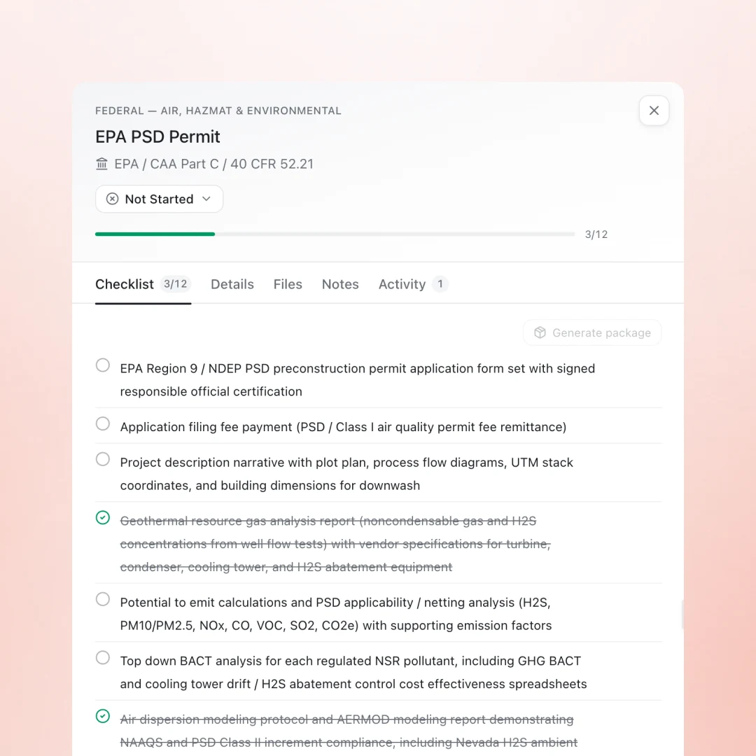 A permit record for an EPA PSD permit: agency and CFR citation, status, and a requirement checklist with three of twelve items complete