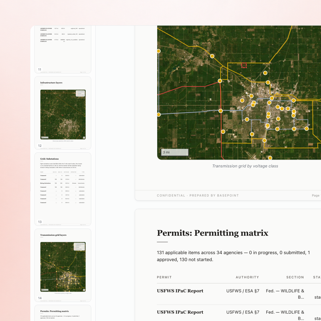 A site's permit report: exhibit map pages of the transmission grid and a permitting matrix listing 131 applicable items across 34 agencies