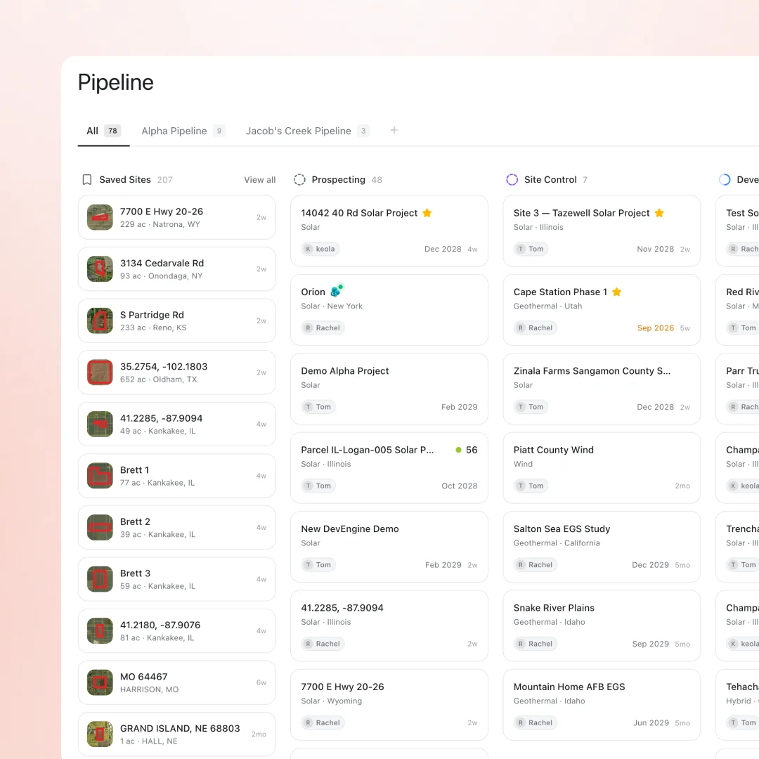 The development pipeline board: saved sites, prospecting, site control, and development columns with projects, owners, and target dates