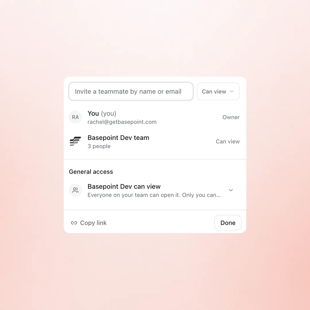 The share dialog for a project: invite by name or email, an owner, a team with view access, and general access settings with a copy link button