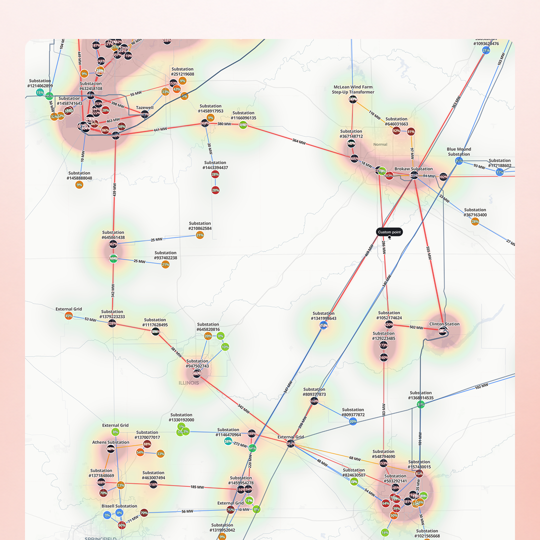 A power flow study at a POI showing injection headroom on the transmission map with contingency results