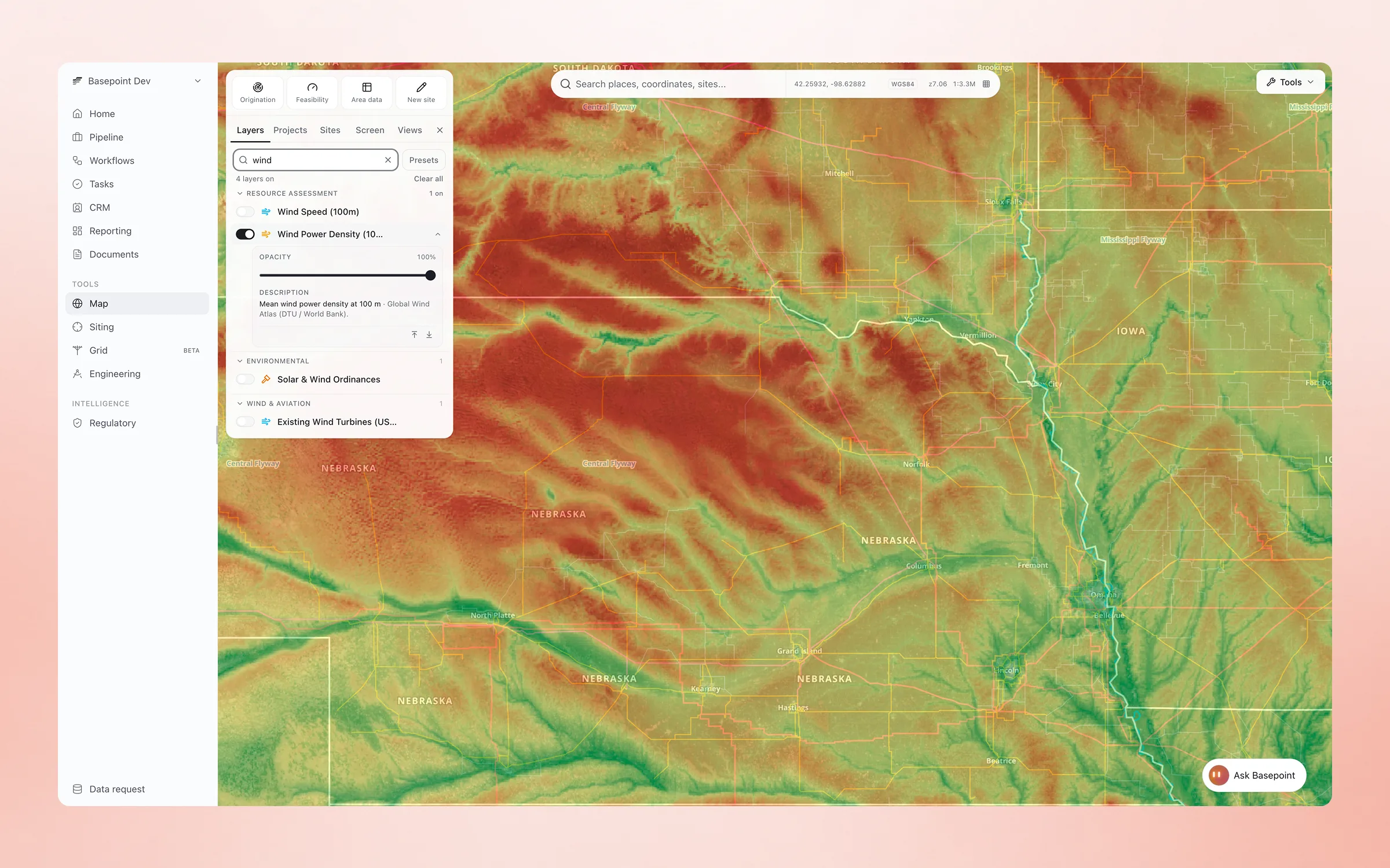 Basepoint map of Nebraska, South Dakota, and Iowa with the Wind Power Density layer on, showing the resource as a red-to-green raster with Central and Mississippi Flyway lines and county boundaries
